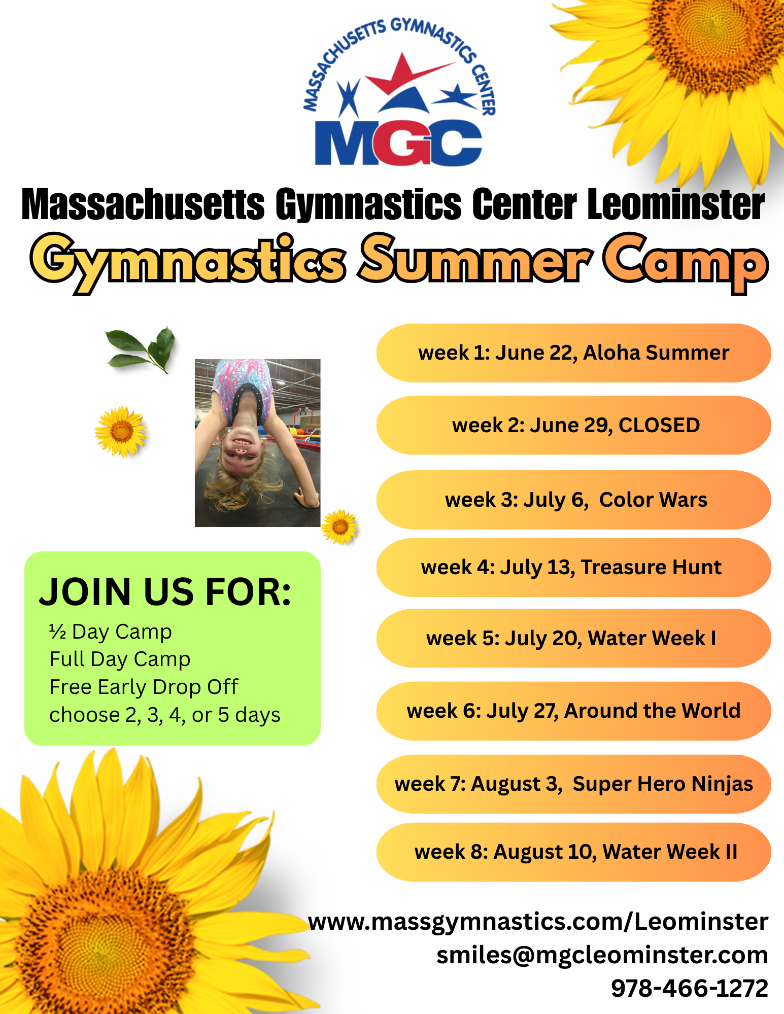 Gymnastics summer camp flyer with a child, sunflowers, and weekly themes.