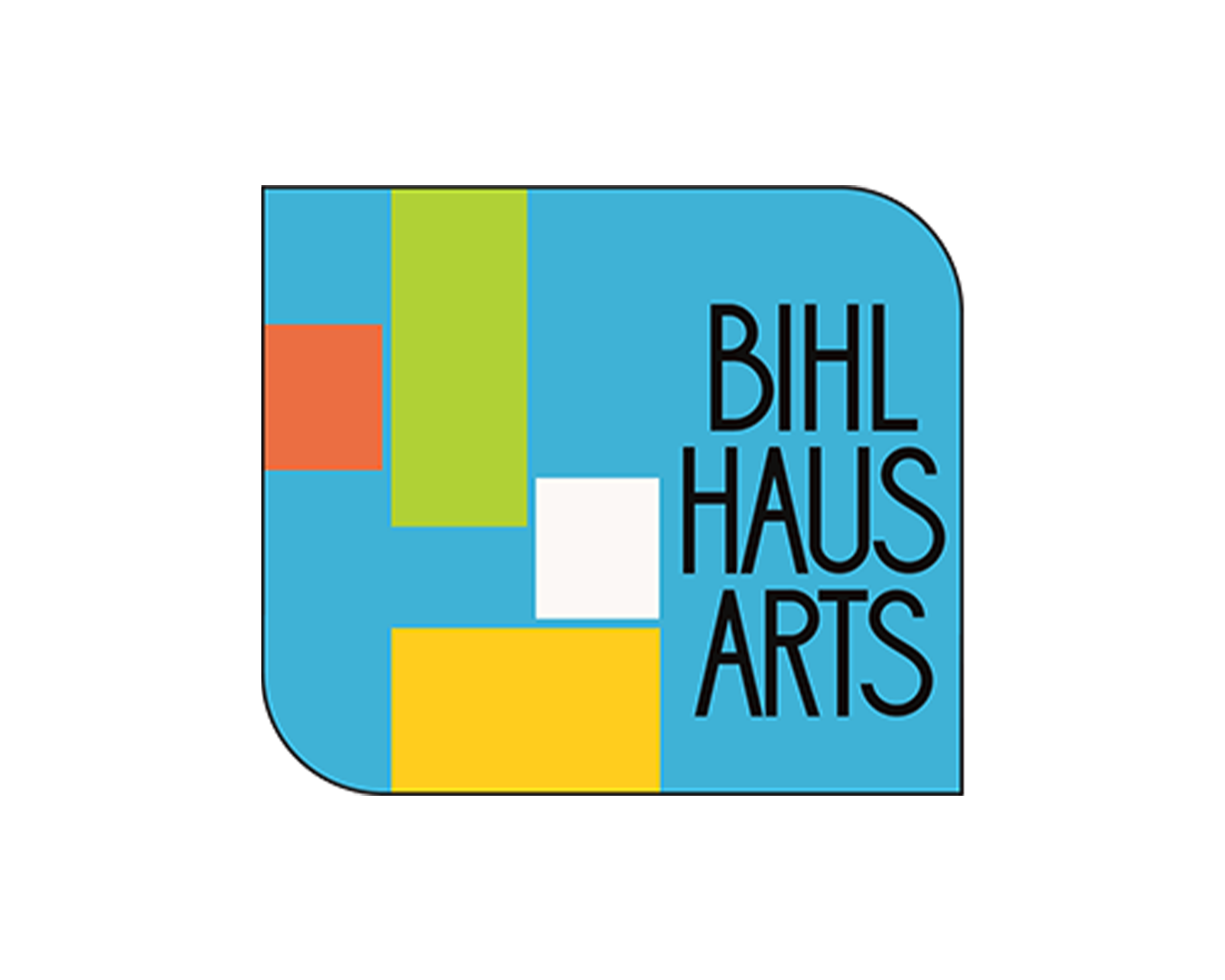 Logo for BIHL Haus Arts: Blue square with colorful geometric shapes and black text.