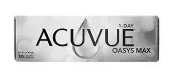 A box of acuvue oasys max contact lenses on a white background.