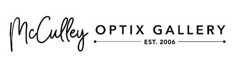 The logo for mcculley optix gallery is black and white.