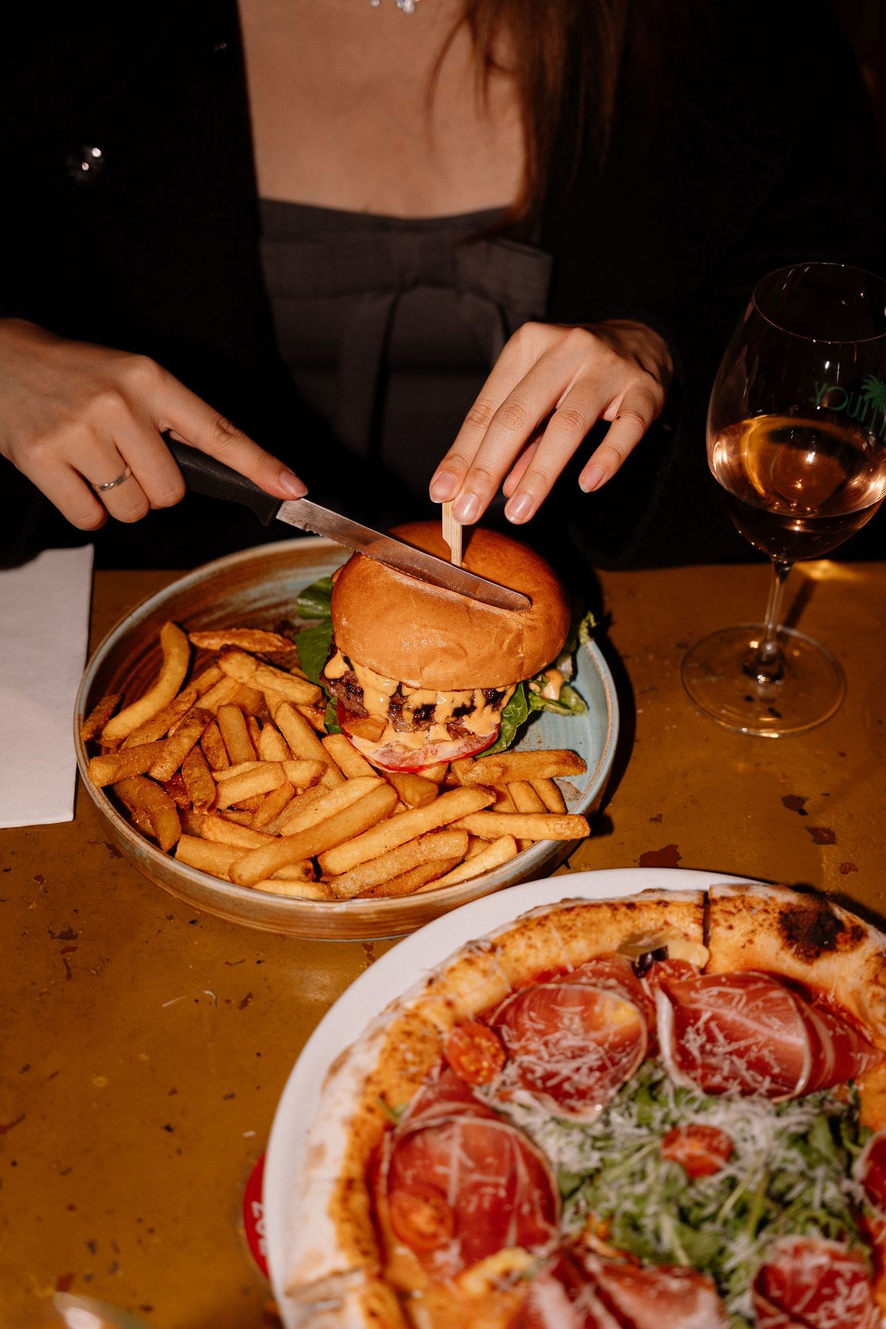 Burger, chips and pizza