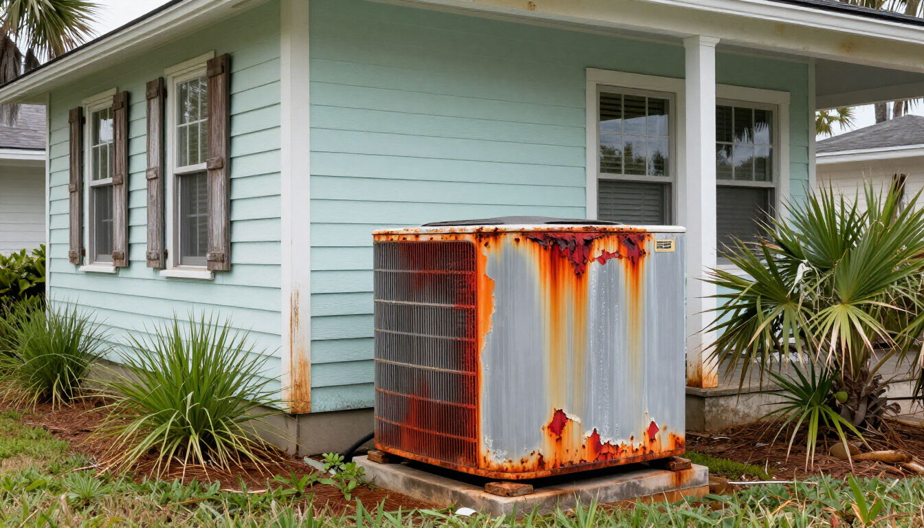 Rusty outdoor HVAC unit beside a light blue house with white trim