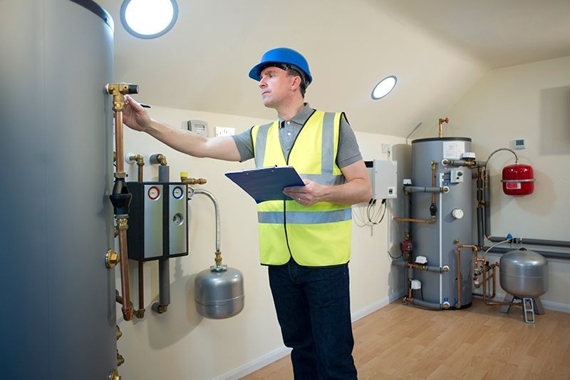 A man wearing a hard hat and safety vest is standing in a room holding a clipboard.