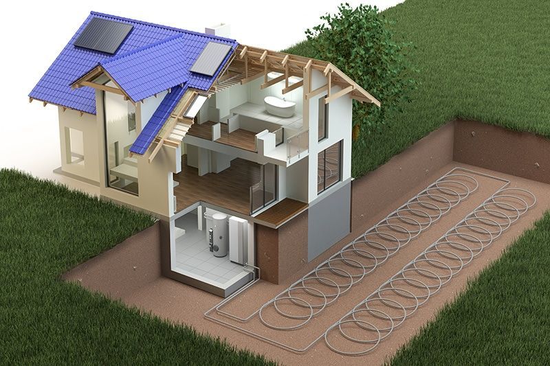 An isometric view of a house with solar panels on the roof geothermal heat pump