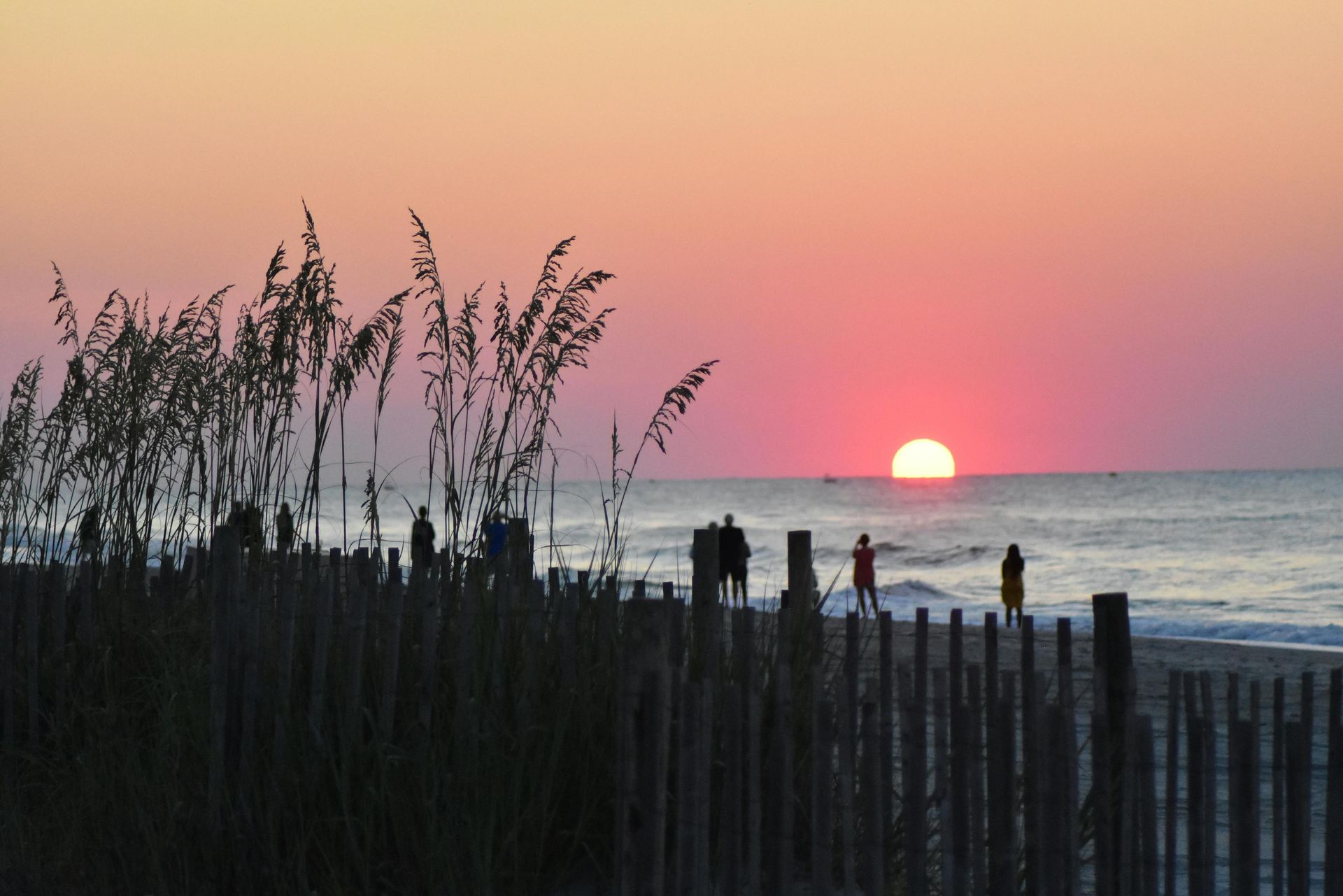 Silhouettes of people stand on a sandy beach behind a wooden fence at sunrise, with tall dune grasses in the foreground.