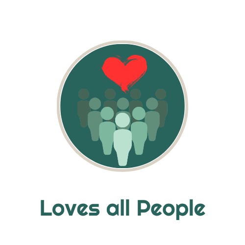 Circular icon of diverse people under a red heart with the words “Loves all People”