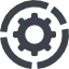 A gear in a circle with arrows around it on a white background.