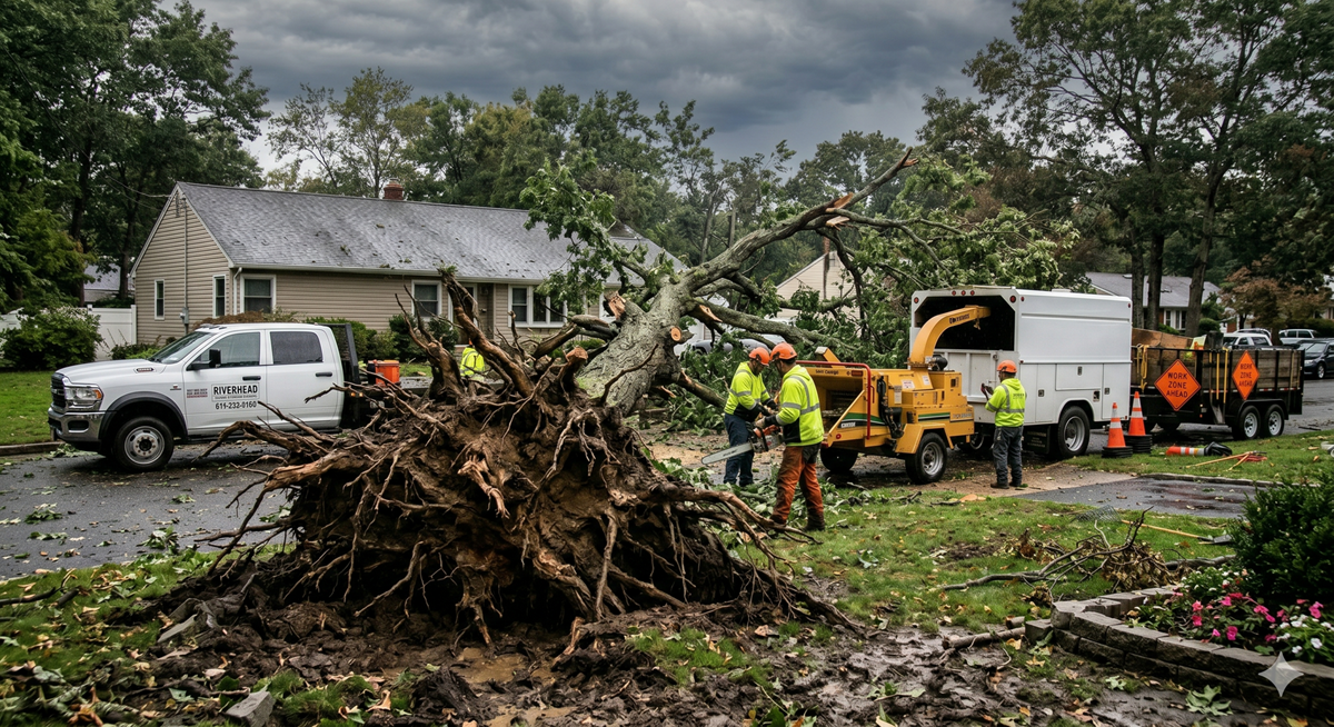 Crew performing hazardous tree removal near property fence line