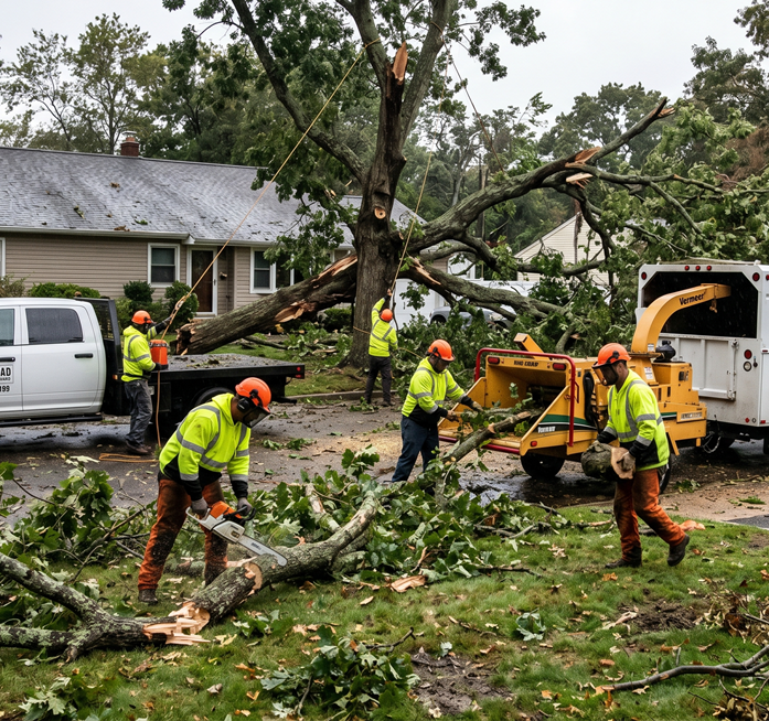 Arborist performing careful pruning on overgrown trees in yard