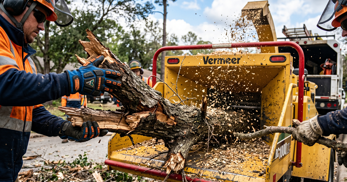 Heavy equipment removing uprooted tree from suburban property
