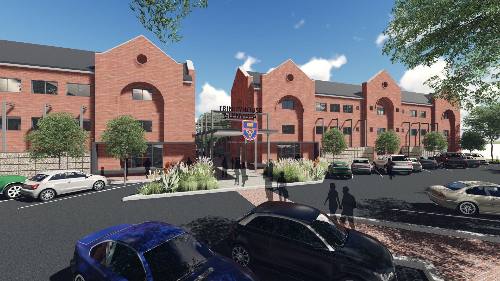 A rendering of a brick building with cars parked in front of it