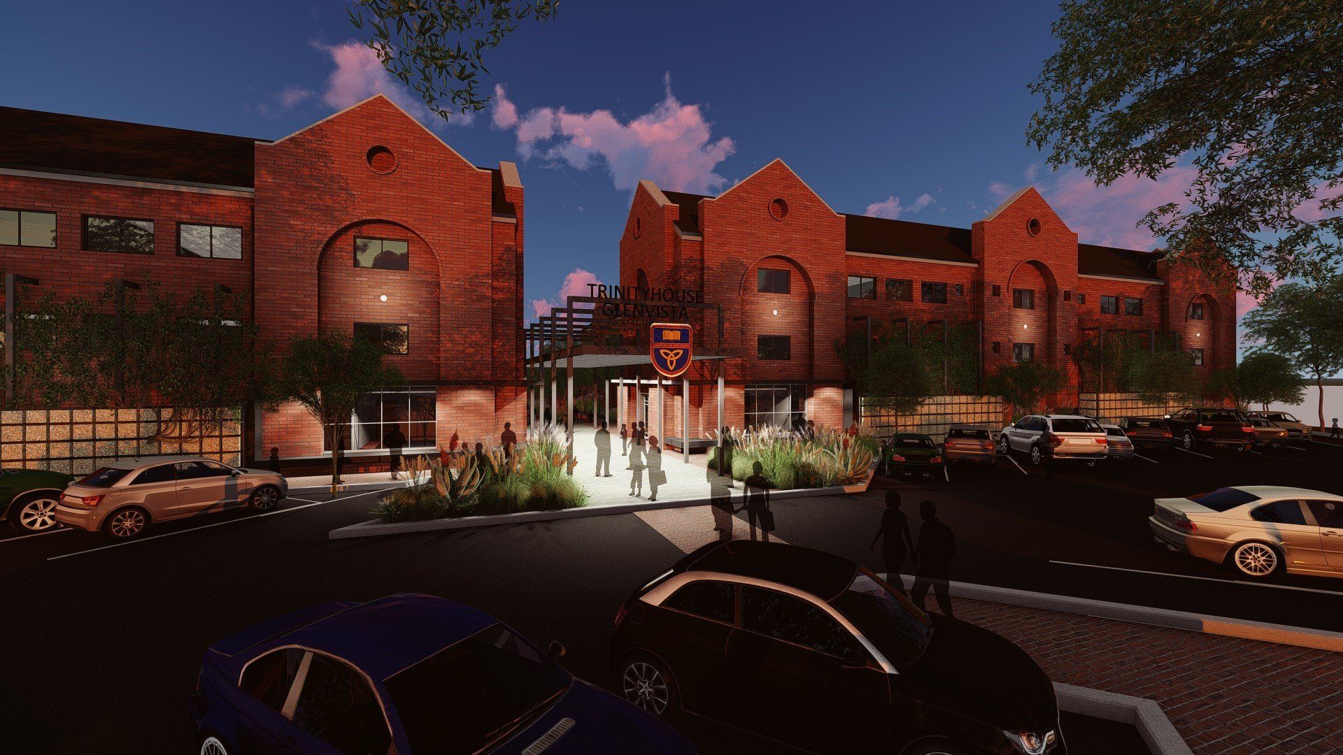 An artist 's impression of a brick building with cars parked in front of it.