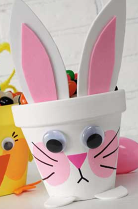 White and pink pot plant with an Easter bunny design