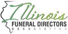 Logo for Illinois Funeral Directors Association, includes Illinois outline, green cursive 
