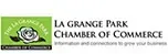 La Grange Park Chamber of Commerce logo, green square with a white rose, text.
