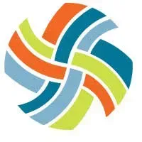 Colorful, woven-style logo with orange, teal, blue, and green curved lines.