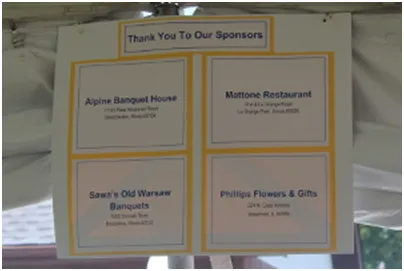 Sign thanking sponsors: Alpine Banquet House, Mattone Restaurant, Sawy's Old Warsaw Banquets, Phillips Flowers & Gifts.