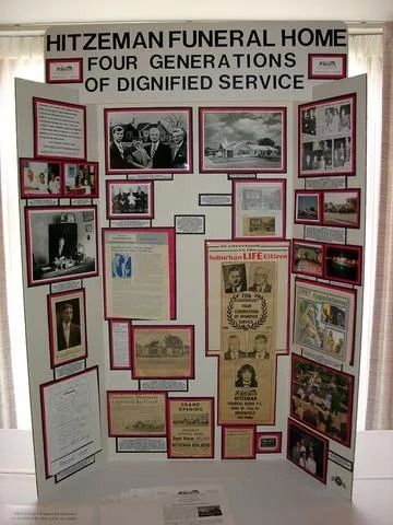 Tri-fold display: Hitzeman Funeral Home history, photos and documents, celebrating four generations of service.