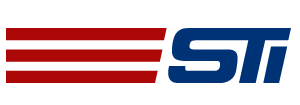 A red white and blue logo for a company called sti