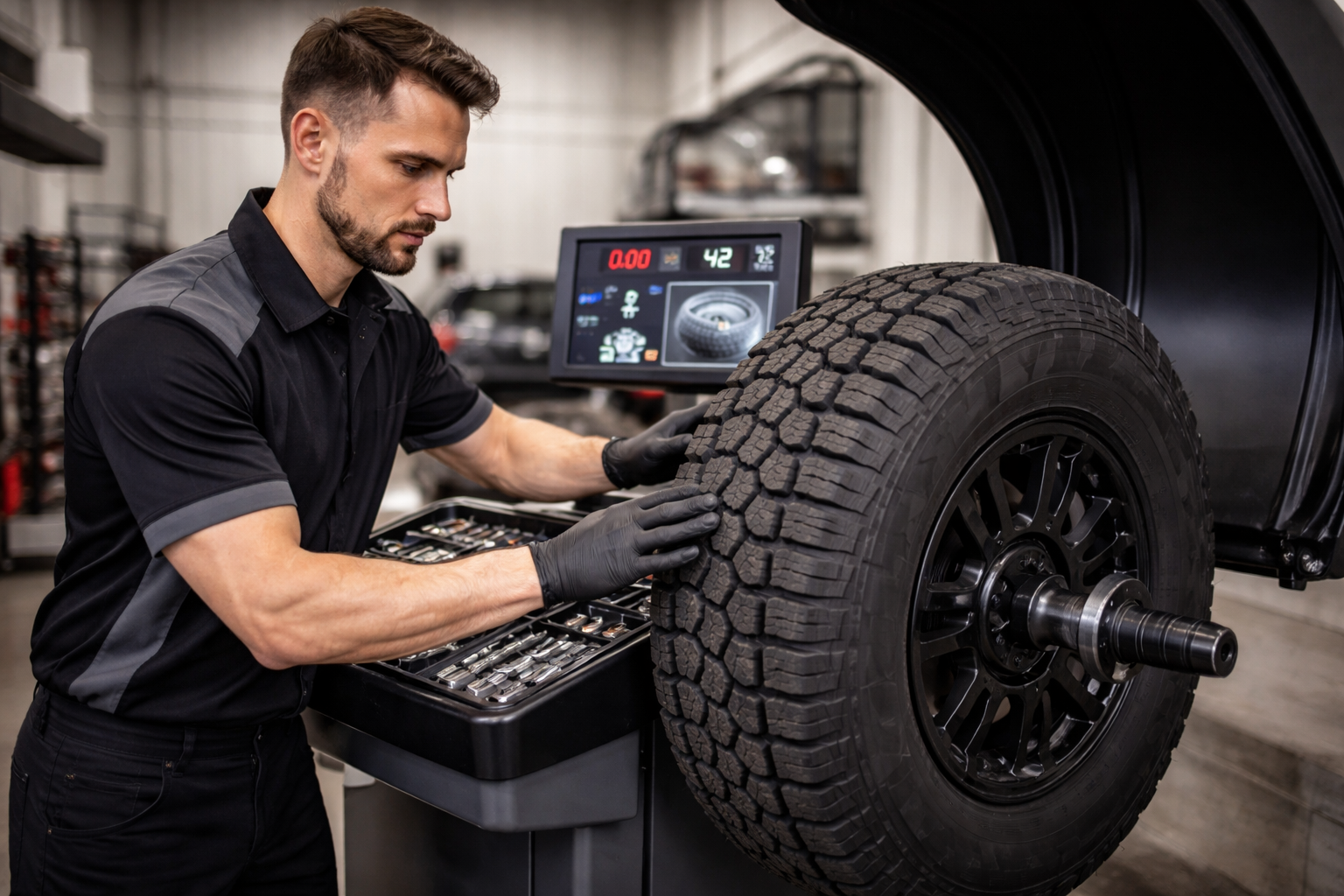 A mechanic uses a wrench to tighten a bolt on a vehicle's suspension system in an automotive repair shop.