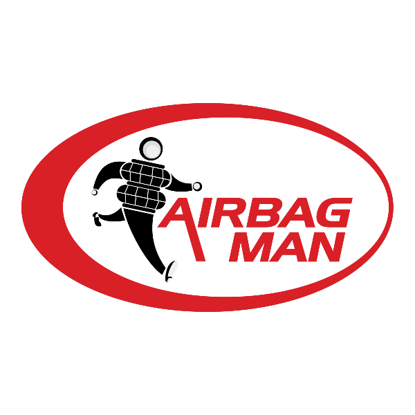 Logo for Airbag Man featuring a stylized black figure with two airbag segments on a white background inside a red oval.