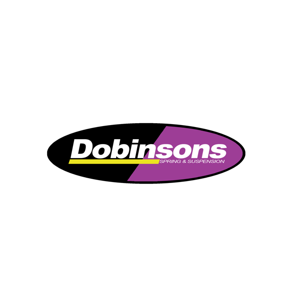Dobinsons Spring & Suspension logo: A black and purple oval with white text and a yellow horizontal line.