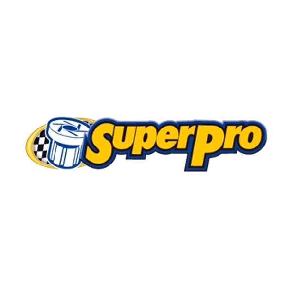 The logo for Superpro, featuring yellow text with a blue outline and an icon of a white cylindrical component.