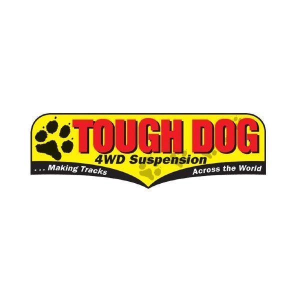 Logo for Tough Dog 4WD Suspension featuring a paw print, yellow background, and red text on a black curved banner.
