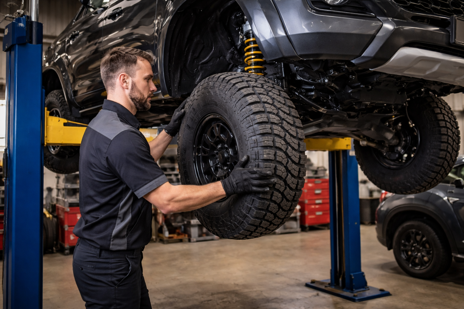 A mechanic in blue coveralls stands near a white SUV raised on a hydraulic lift in an automotive workshop.
