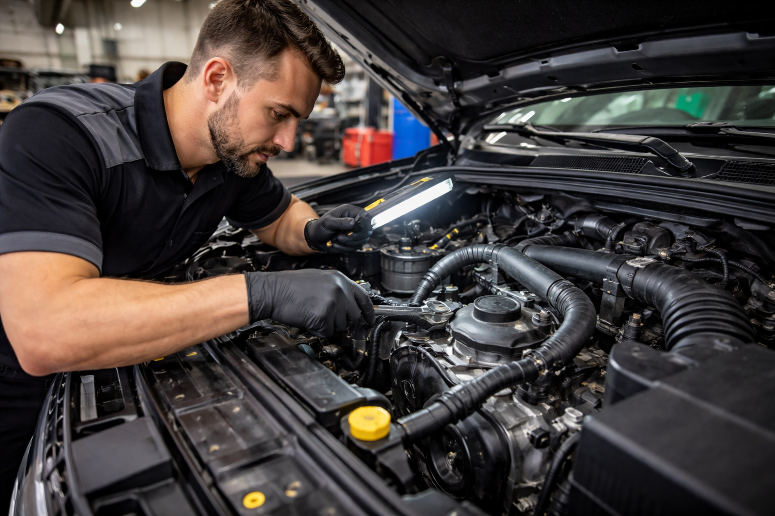 Blue pickup truck parked in front of Toowoomba Steering & Suspension shop with blue exterior and matching branding.