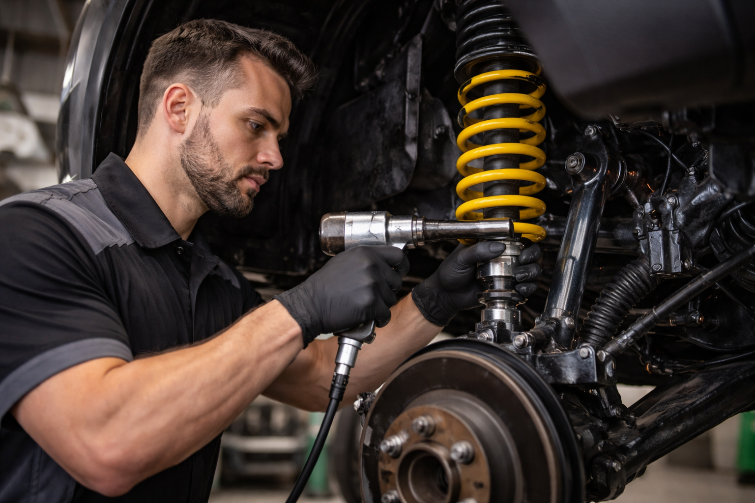 Blue pickup truck parked in front of Toowoomba Steering & Suspension shop with blue exterior and matching branding.