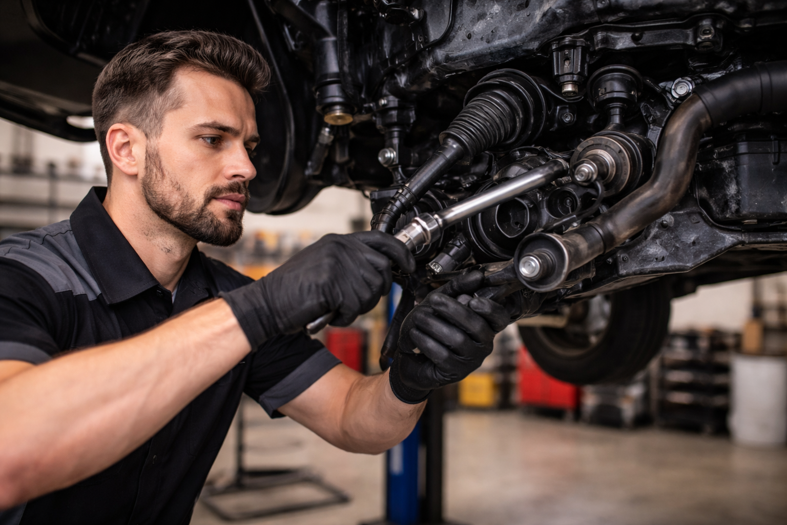 Blue pickup truck parked in front of Toowoomba Steering & Suspension shop with blue exterior and matching branding.