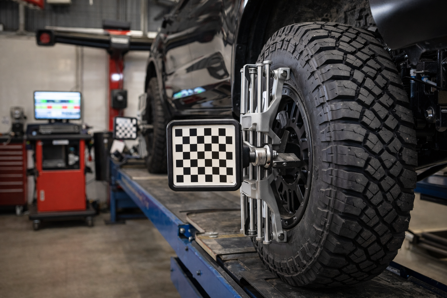 A mechanic uses a wrench to tighten a bolt on a vehicle's suspension system in an automotive repair shop.