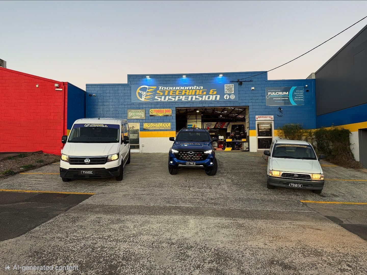 A blue commercial workshop with three vehicles parked in front on a gravel lot under a clear, pale sky.