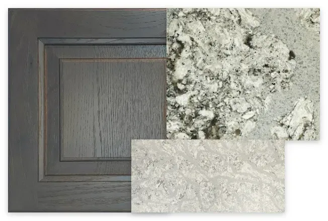 Gray cabinet door with two countertop samples: light granite and light, textured quartz.