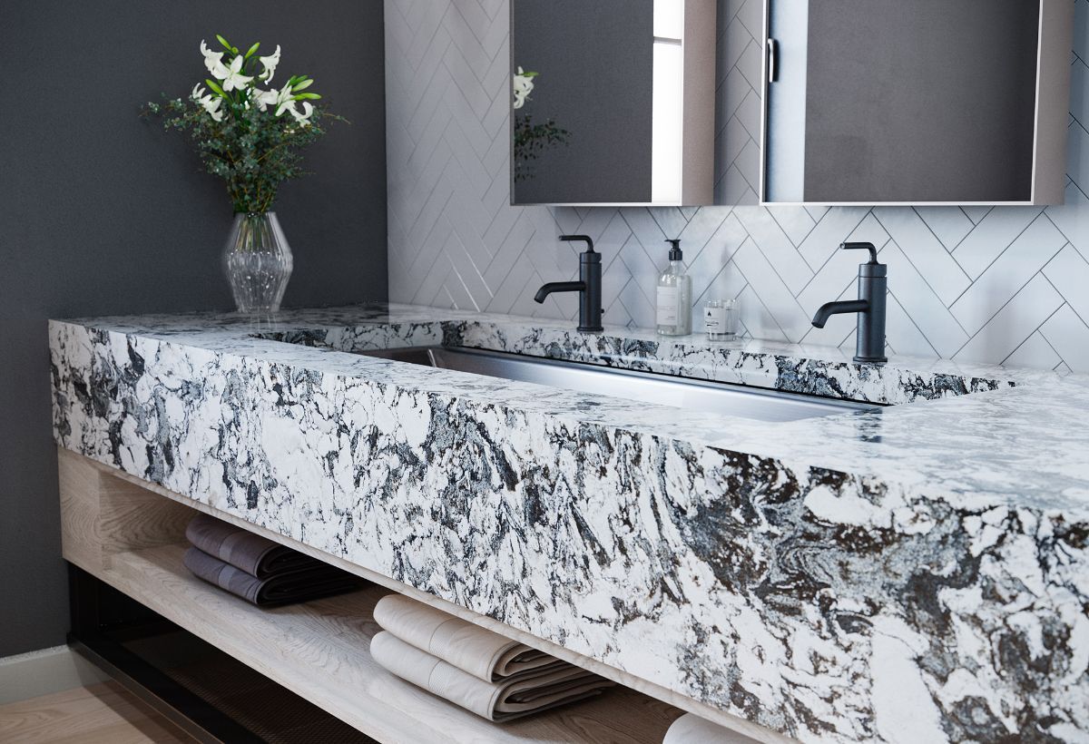 Bathroom with arched window, freestanding tub, shower, and dark wood floor.