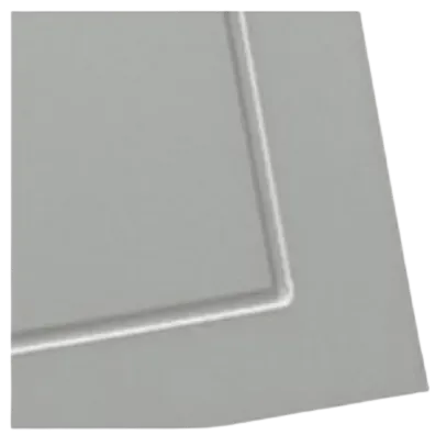 A close-up of a gray cabinet door with a routed, square-shaped border.