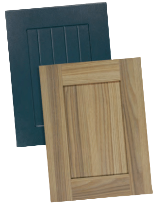 Two cabinet door samples: one teal with vertical grooves, one light wood with raised panel.