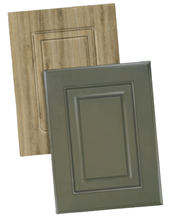 Two cabinet doors, one woodgrain, the other solid olive green. Both have rectangular panel details.