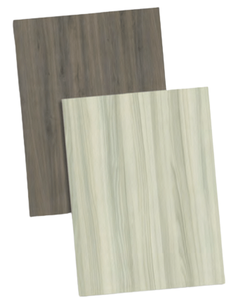 Two woodgrain sample boards: one gray-brown, the other pale green-white, angled against white.