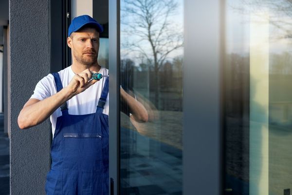 A man in blue overalls is working on a sliding glass door.