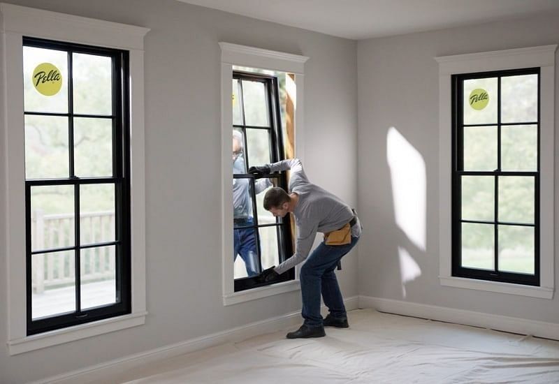 A man is installing a window in an empty room.