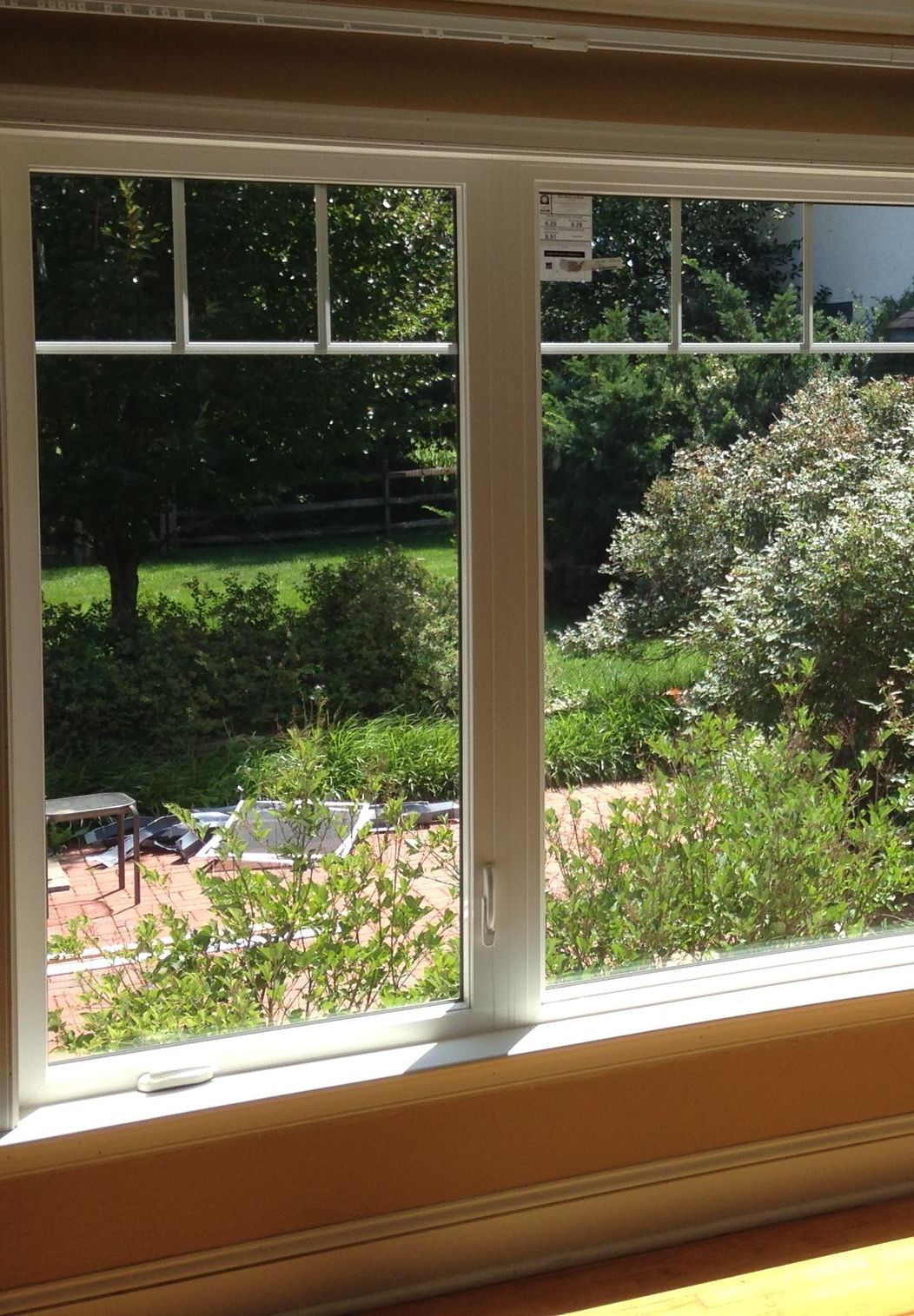 A window with a view of a garden and trees in Doylestown, PA.
