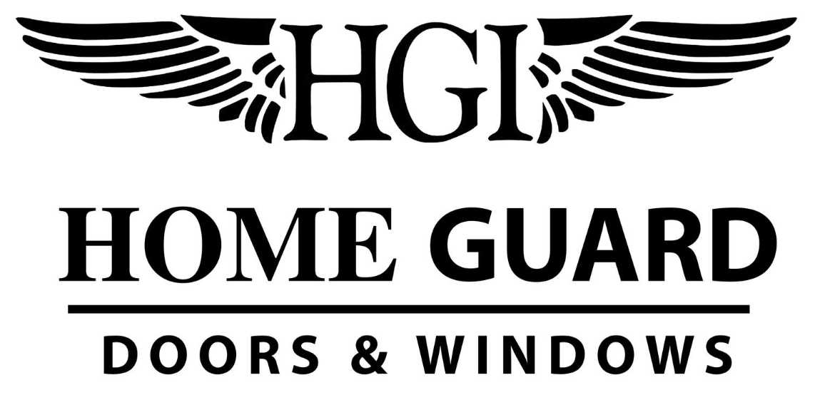 A black and white logo for Home Guard Doors and Windows.
