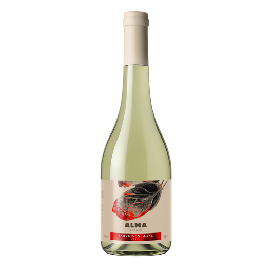 Um rótulo para alma sauvignon blanc tem uma foto de folhas