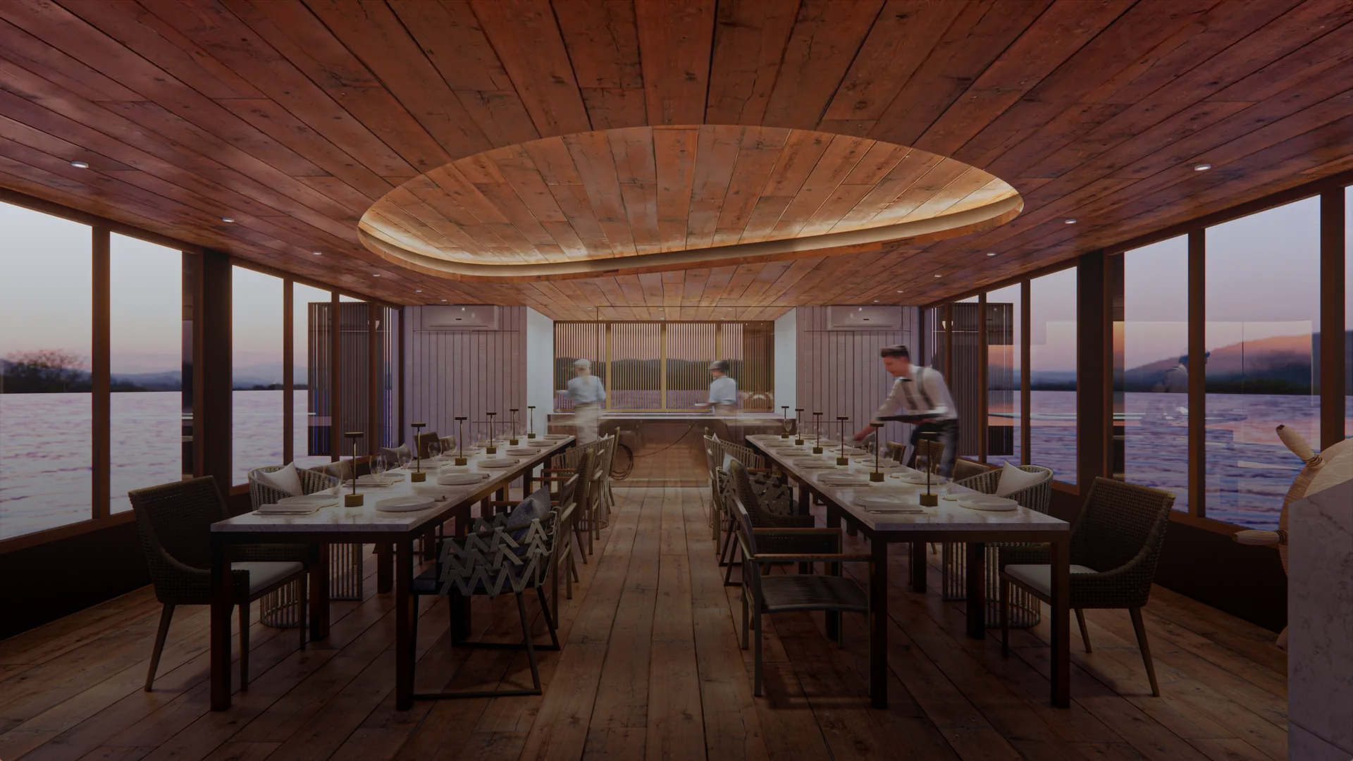 Uma impressão artística de um restaurante em um barco com mesas e cadeiras.