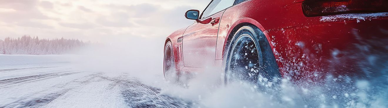 Red sports car drifts on a snow-covered road, creating a spray of snow. Winter landscape in the background. | Wofford's European Car