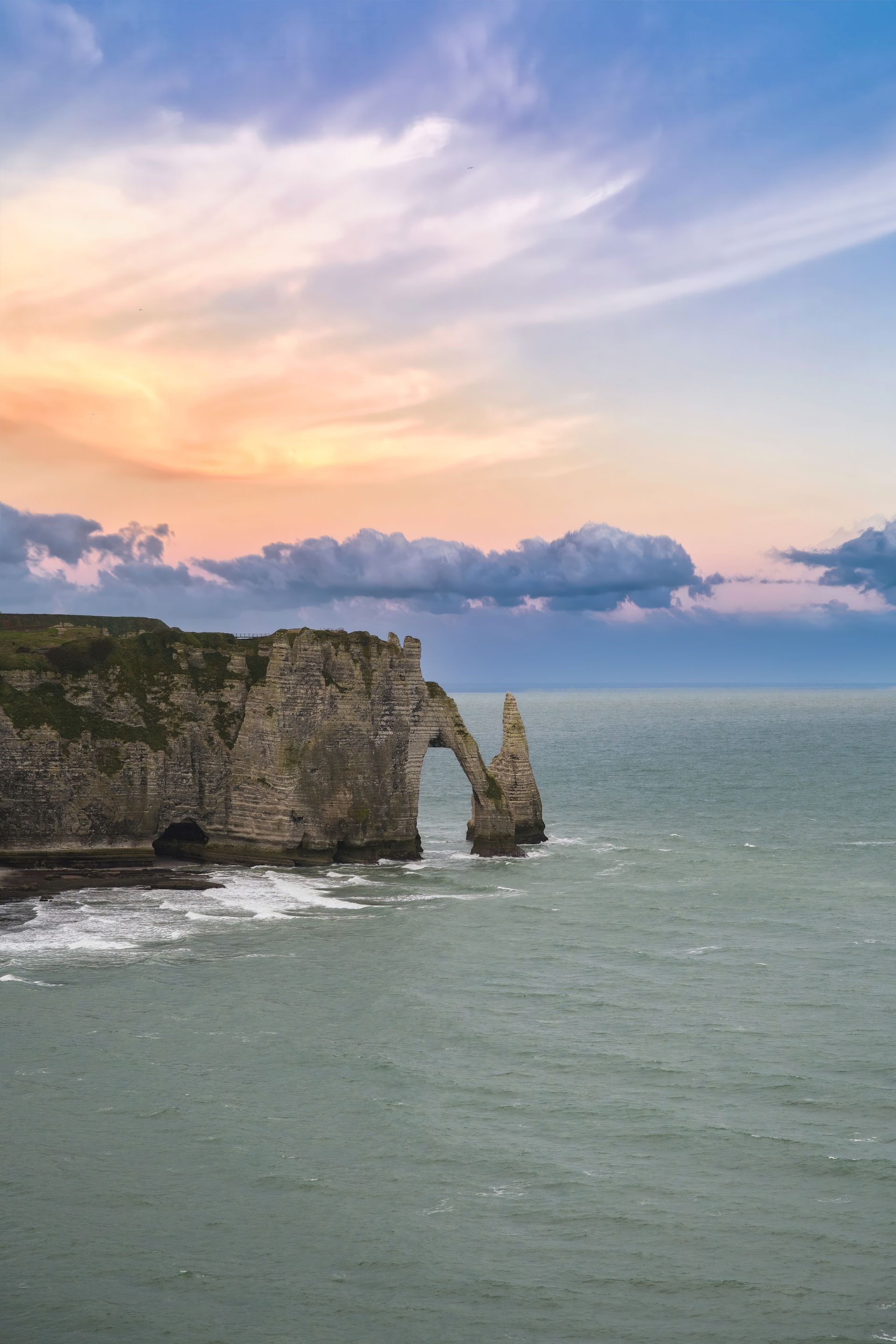 Coastal landscape of the Falaise d'Aval and the famous arch in Étretat, Normandy