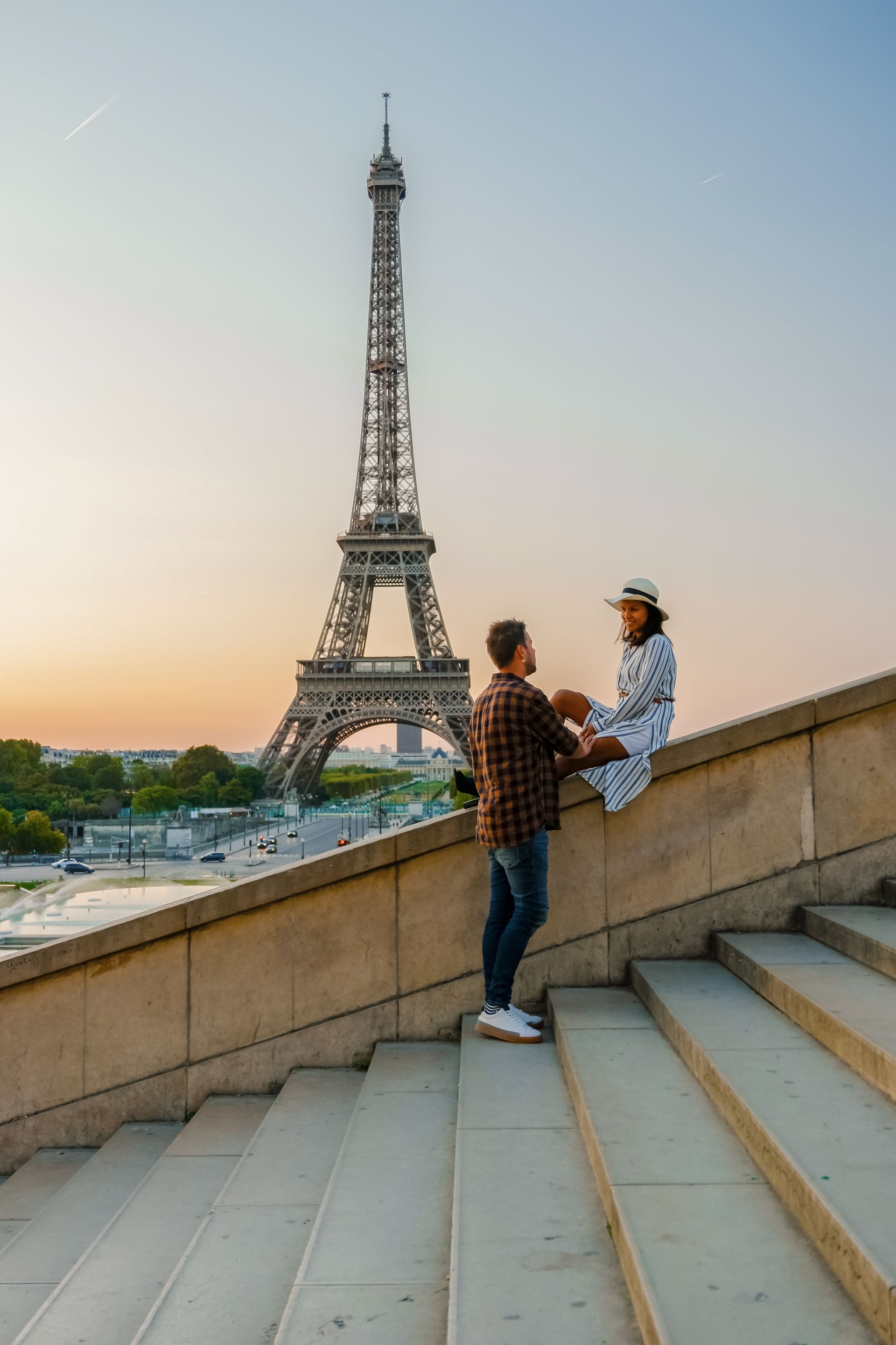 Sunset view of the Eiffel Tower in Paris, France