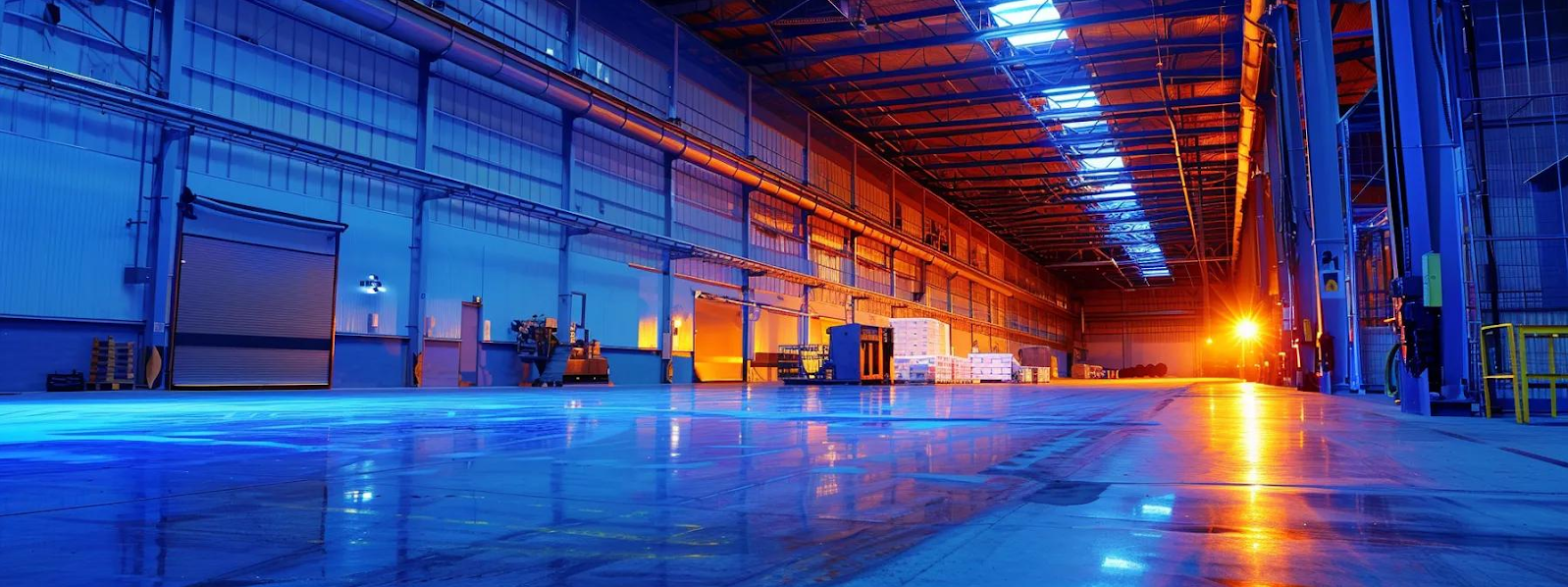 An empty warehouse interior bathed in blue and orange light.